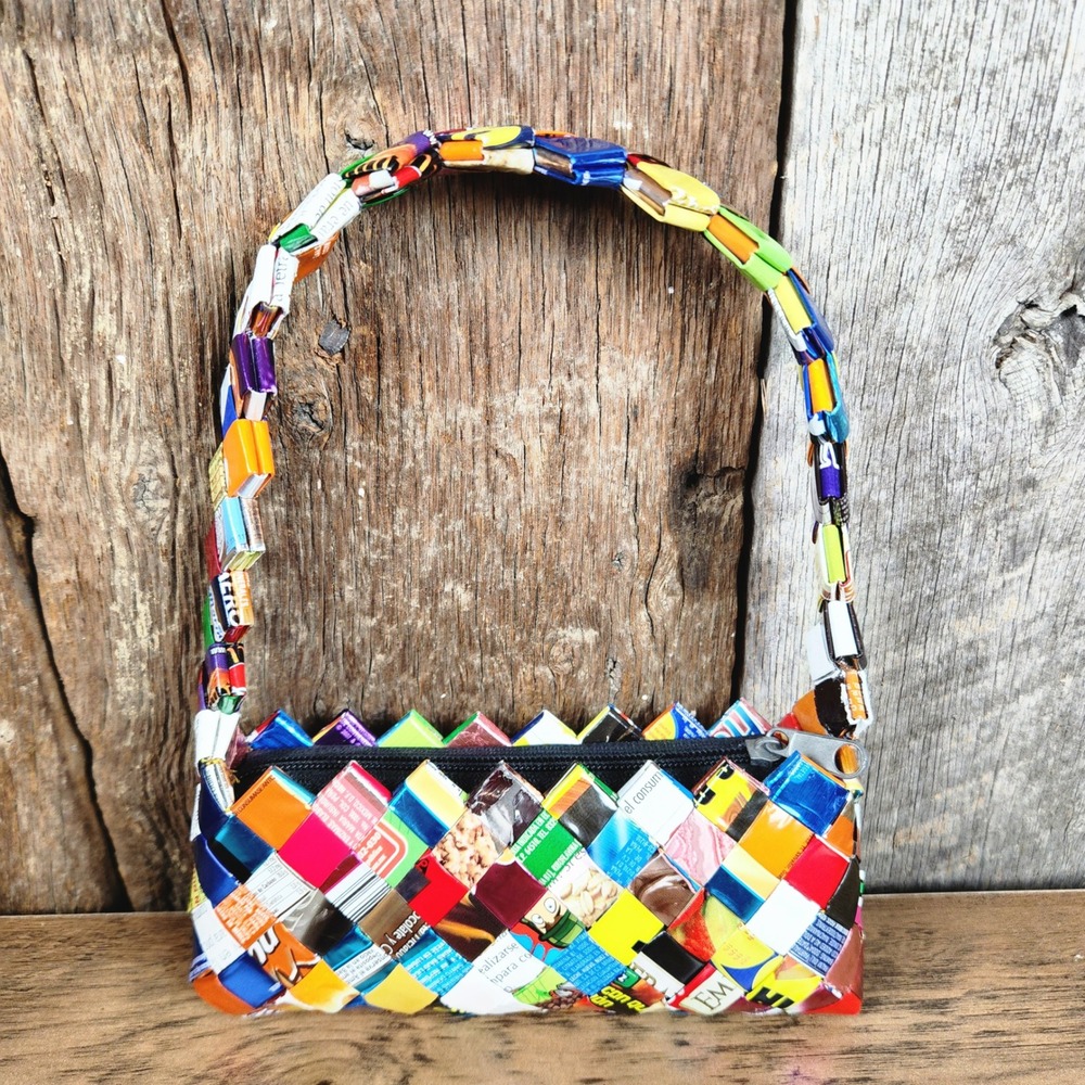 Vintage Candy Wrapper Woven Handbag Multi Color Folk Art